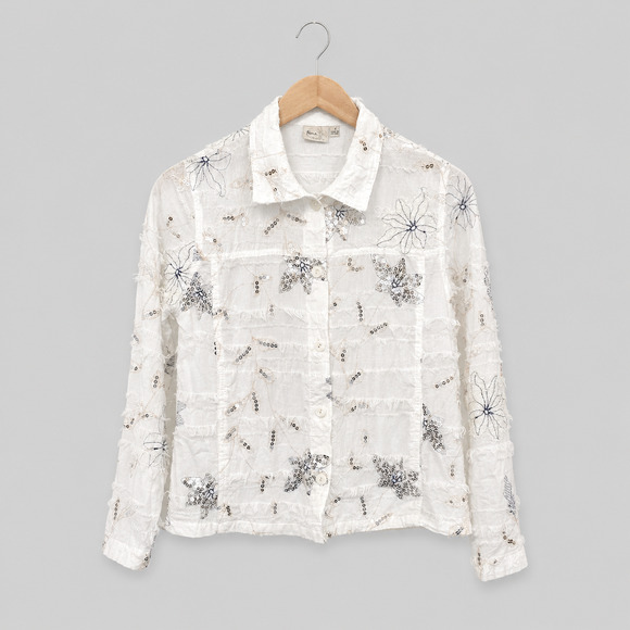 Focus Tops - Focus Blouse Womens Small White Long Sleeve Embroidery Floral Sequin Whimsical